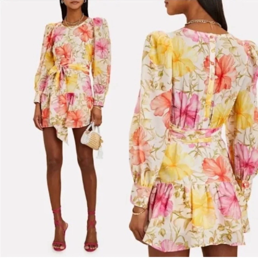 LoveShackFancy Floral Mini Dress in White with Pink & Yellow Blooms - Picture 1 of 7